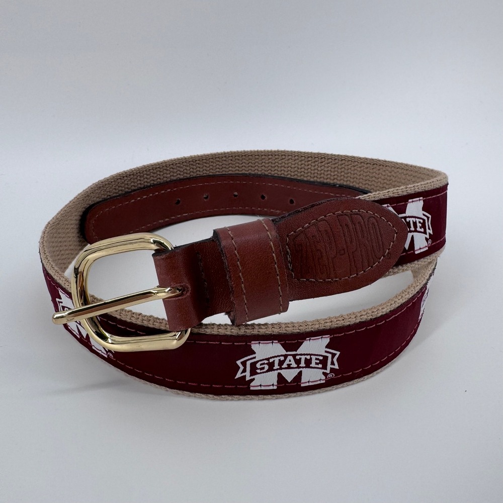 ZEP-PRO Mississippi State Bulldogs Canvas Belt Mens 32 Maroon Leather Ribbon USA
